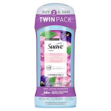 Suave  Antiperspirant Deodorant For Women, Invisible 48hr Protection - Sweet Pea & Violet, 2 pk, 2.6 oz
