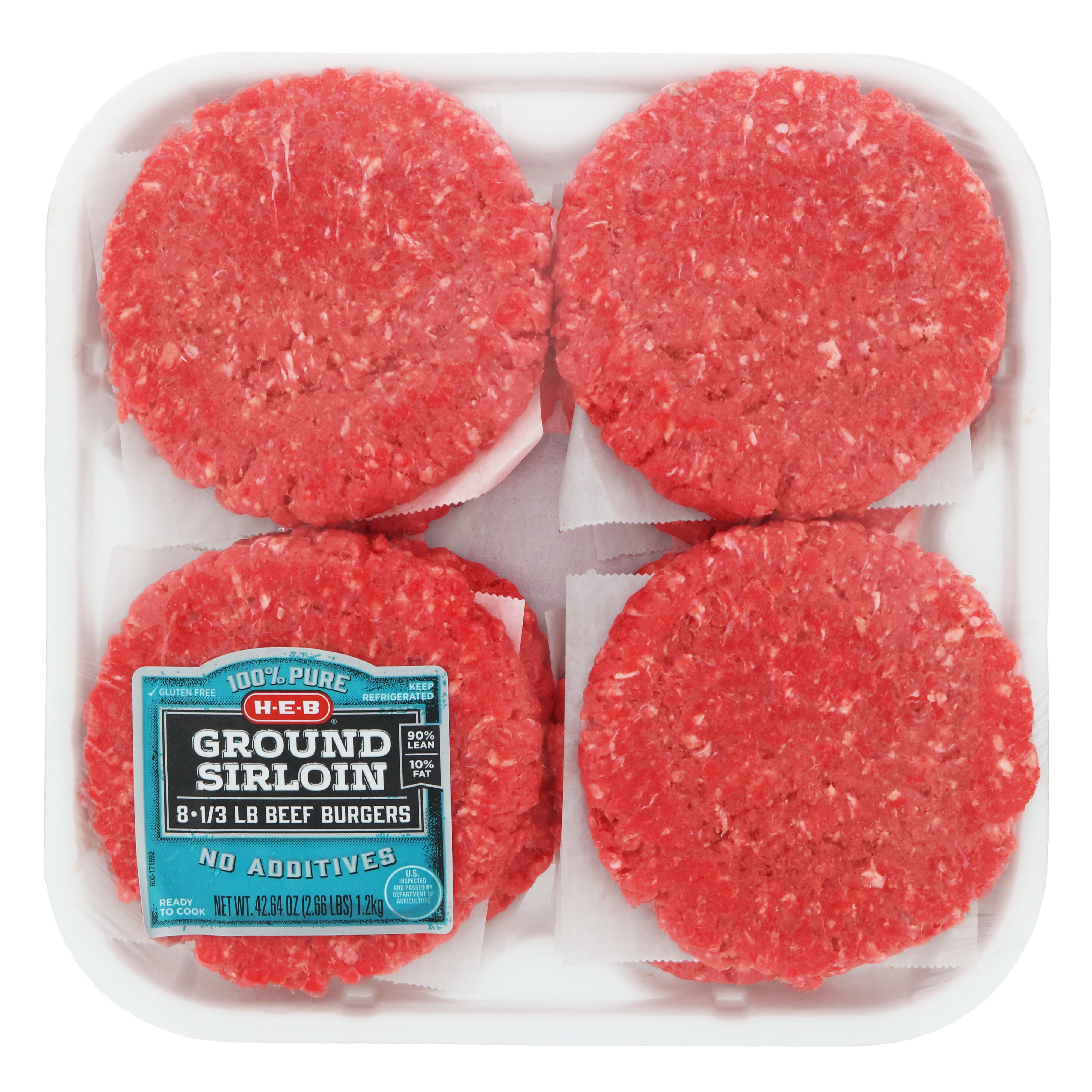 H-E-B Ground Beef Sirloin 1/3 Lb Burger Patties, 90% Lean - Value Pack ...