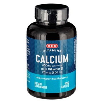 H-E-B Vitamins 600 mg Calcium plus 20 mcg D Caplets, 100 ct