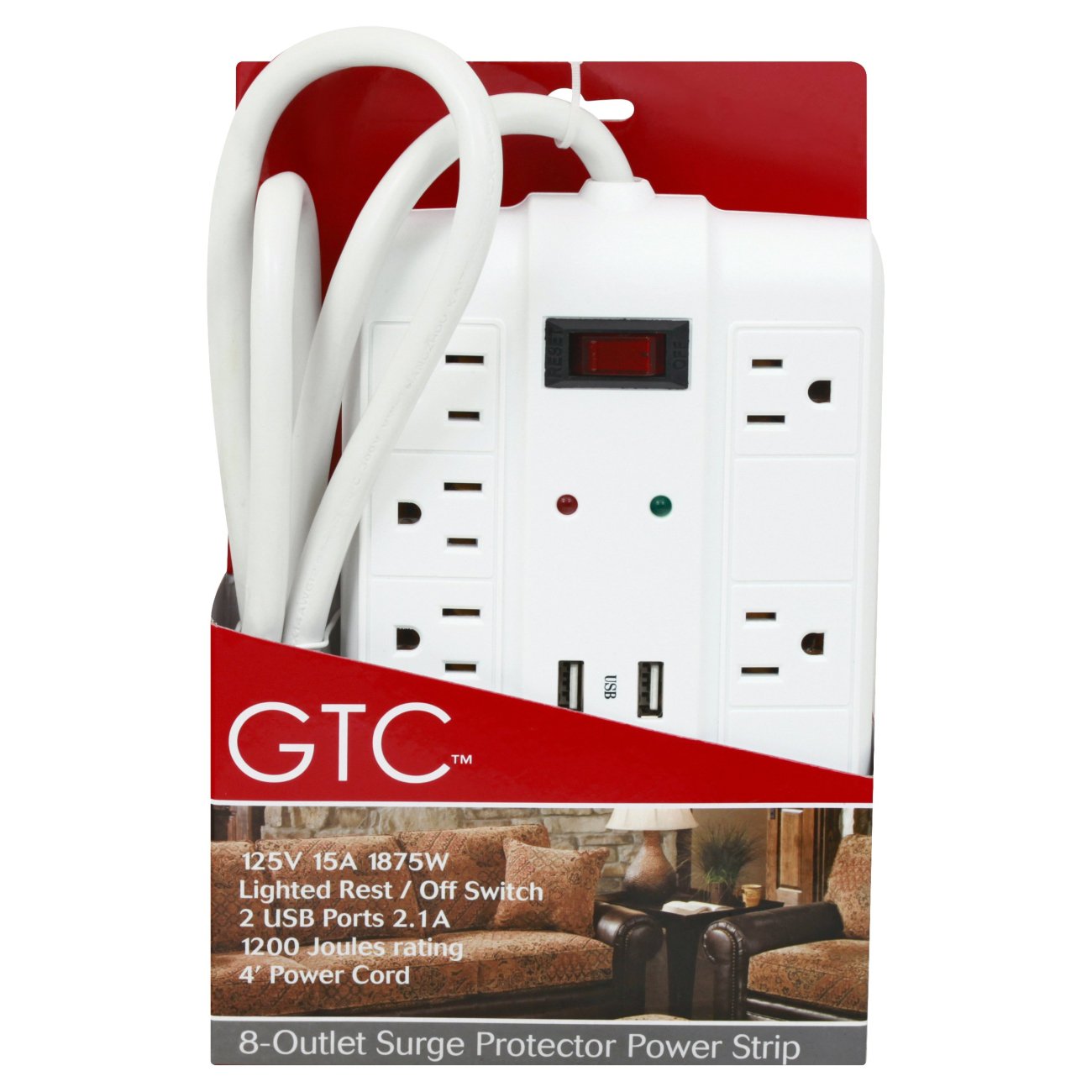 GTC White 8Outlet Dual USB Surge Protector Power Strip