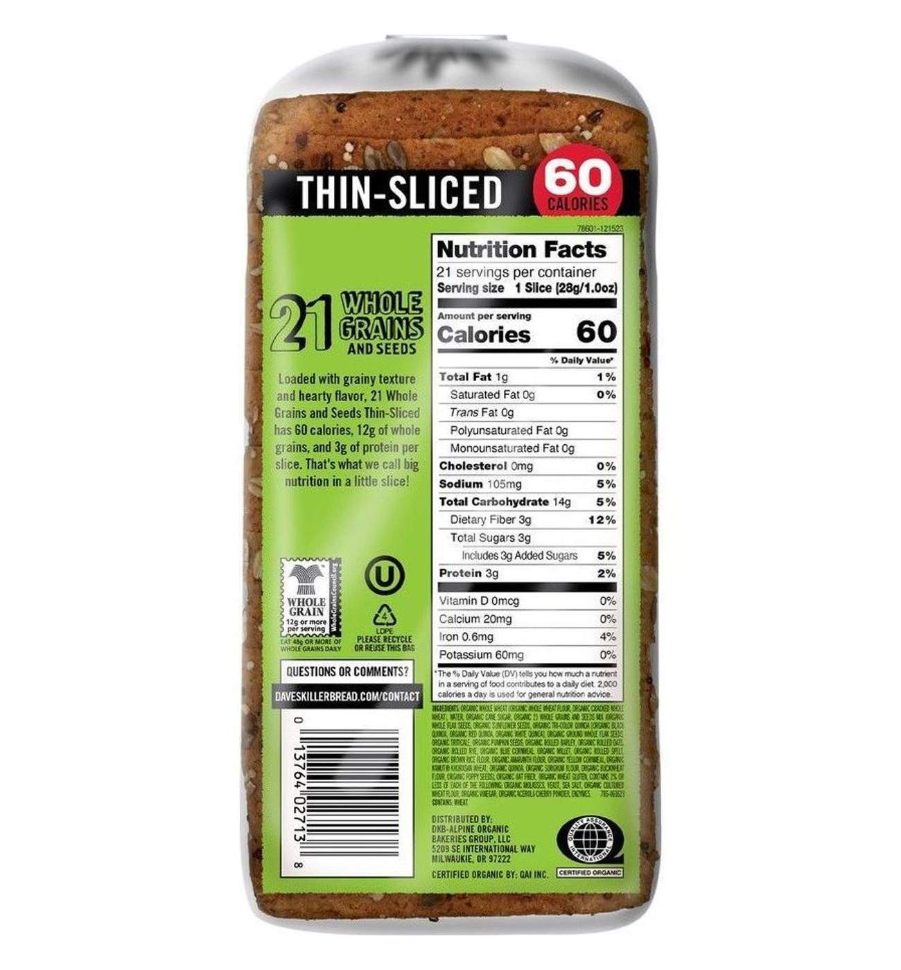 Dave's Killer Bread Thin Sliced 21 Whole Grain and Seeds Organic Sliced Bread; image 2 of 6