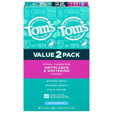 Tom's of Maine Fluoride-Free Antiplaque & Whitening Toothpaste - Peppermint 2 pk, 11 oz