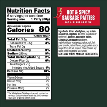 MorningStar Farms Veggie Breakfast Hot and Spicy Sausage Patties, 8 oz, 6 ct