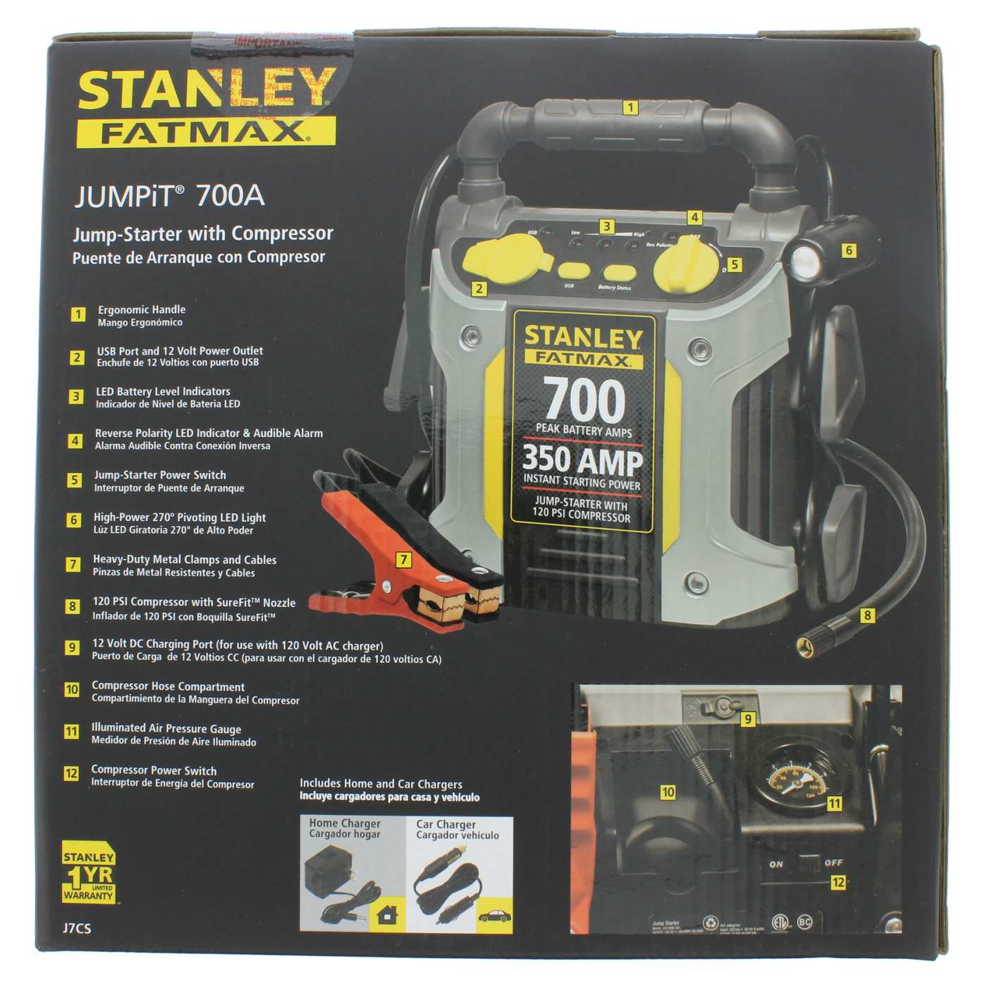 Stanley 700 peak/350amp Battery Charger Air Compressor Jump Starter  Portable Car