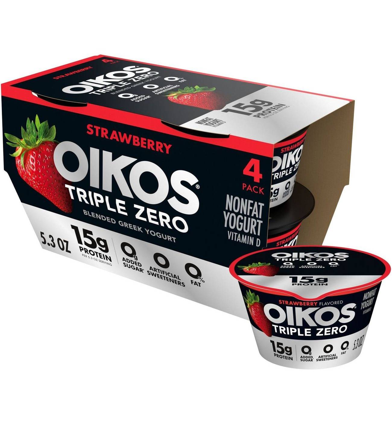 Oikos Triple Zero 15g Protein Sugar Free Non Fat Blended 4 pk Greek Yogurt - Strawberry; image 1 of 10