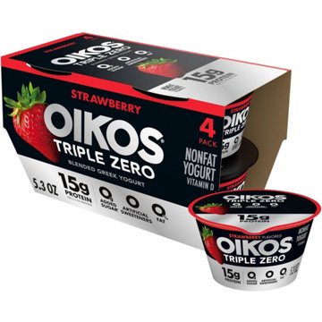 Oikos Triple Zero 15g Protein Sugar Free Non Fat Blended 4 pk Greek Yogurt - Strawberry, 5.3 oz