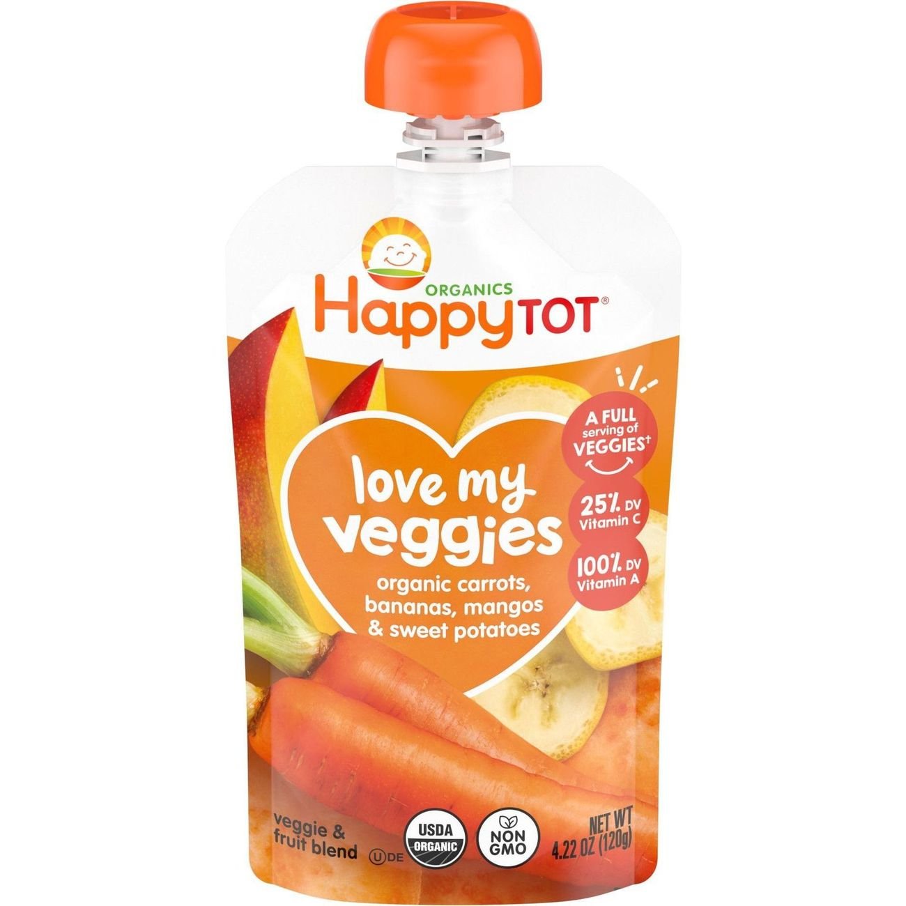 Happy Tot Organics Love My Veggies Stage 4 Carrot Banana Mango & Sweet Potatoes Baby Food Pouch, 4.22 oz