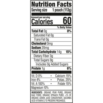 Happy Baby Clearly Crafted Stage 2 Pear Kale & Spinach Organic Baby Food Pouch