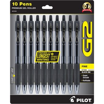 Pilot G2 0.7mm Retractable Gel Pens - Black Ink, 10 pk