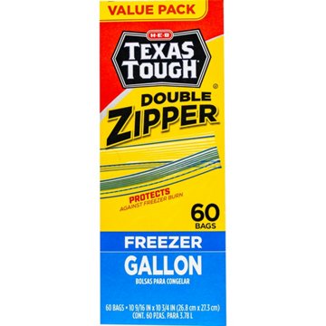 H-E-B Texas Tough Double Zipper Gallon Freezer Bags - Value Pack, 60 ct