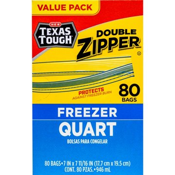 H-E-B Texas Tough Double Zipper Quart Freezer Bags - Value Pack, 80 ct