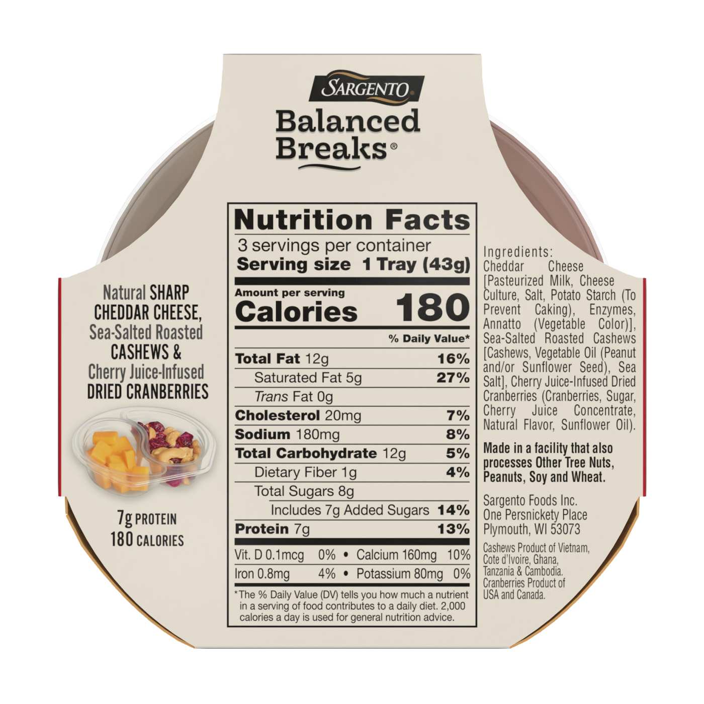 SARGENTO Balanced Breaks Snack Packs - Sharp Cheddar, Sea Salt Roasted Cashews & Cherry Juice-Infused Dried Cranberries; image 2 of 3