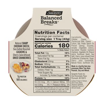 SARGENTO Balanced Breaks Snack Packs - Sharp Cheddar, Sea Salt Roasted Cashews & Cherry Juice-Infused Dried Cranberries