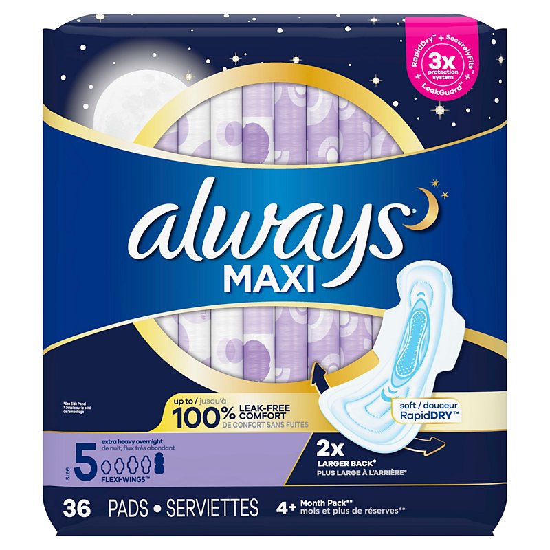 Always Maxi Pads Size 5 Overnight Absorbency Unscented with Wings ...