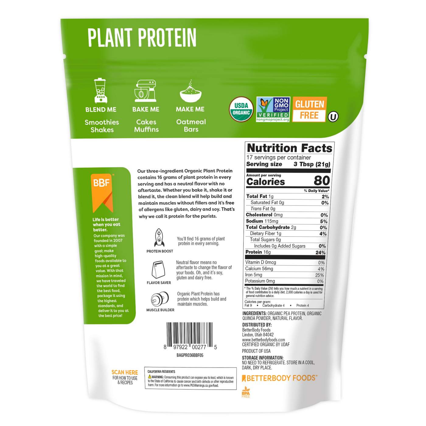 BetterBody Foods Organic 16g Plant Protein Powder; image 2 of 2