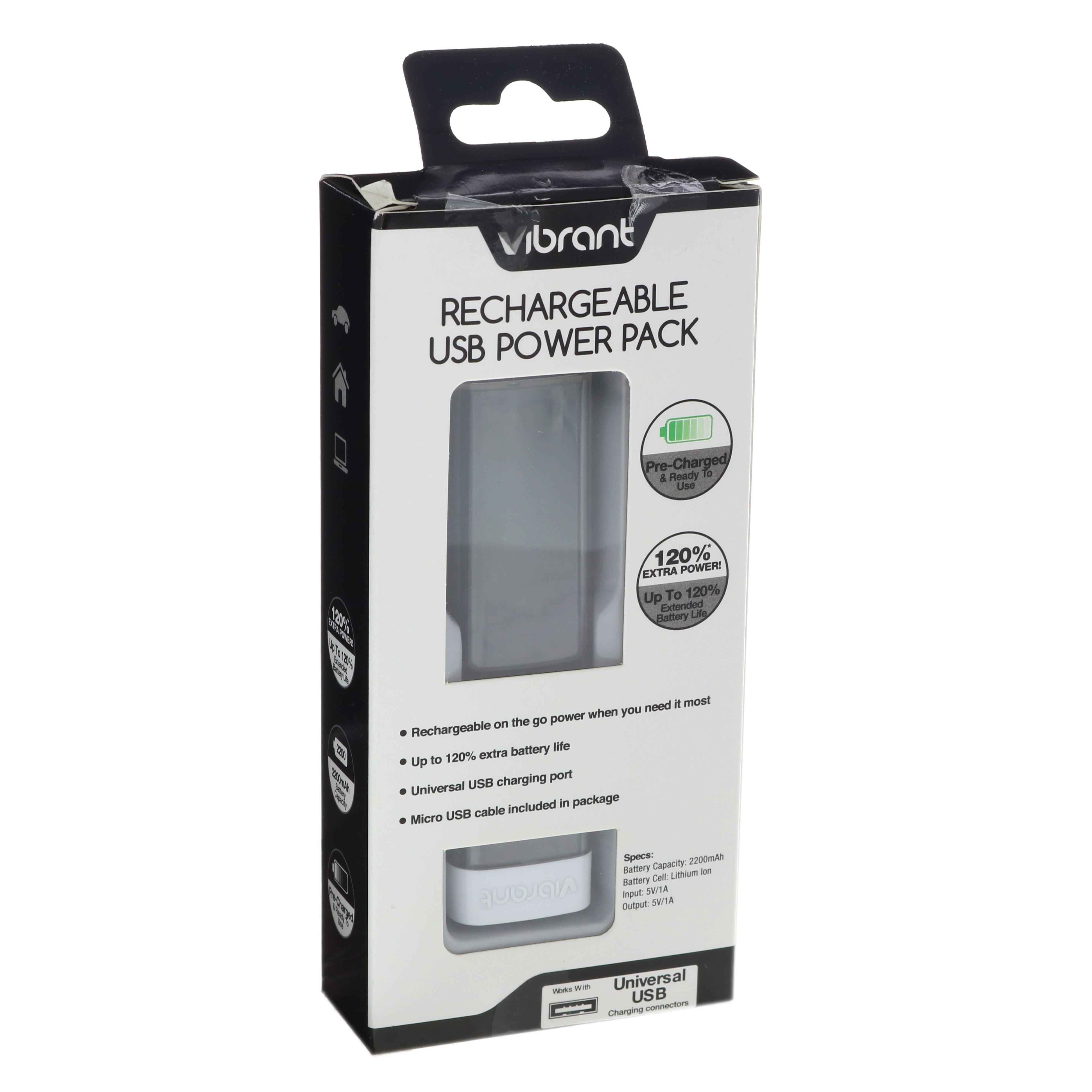 Vibrant Rechargeable USB Backup 2000mah Power Pack, Assorted Colors