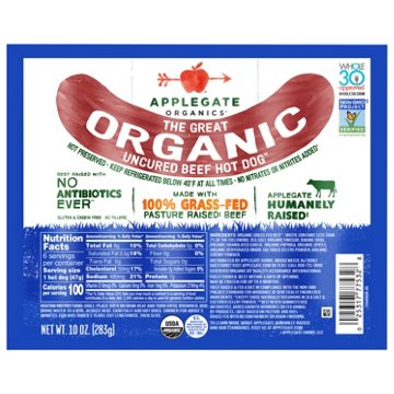 Applegate Organics The Great Organic Uncured Beef Hot Dog, 6 ct
