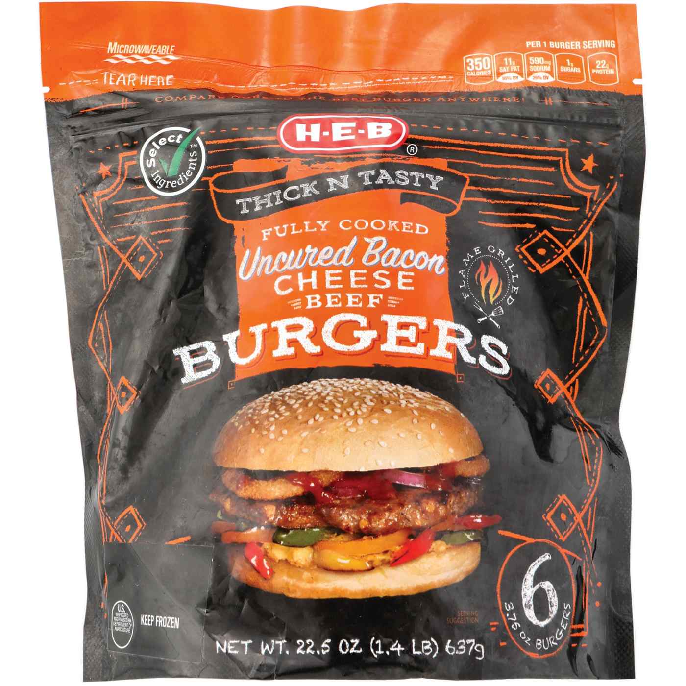 H-E-B Fully Cooked Frozen Uncured Bacon Cheese Beef Burgers; image 1 of 2