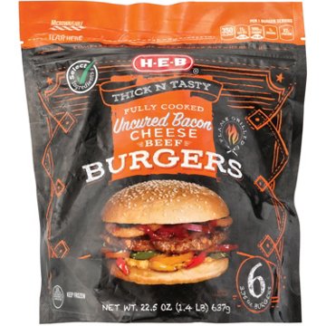 H-E-B Fully Cooked Frozen Uncured Bacon Cheese Beef Burgers, 6 ct