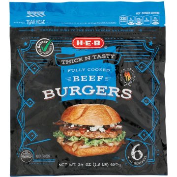 H-E-B Fully Cooked Frozen Beef Burgers, 6 ct
