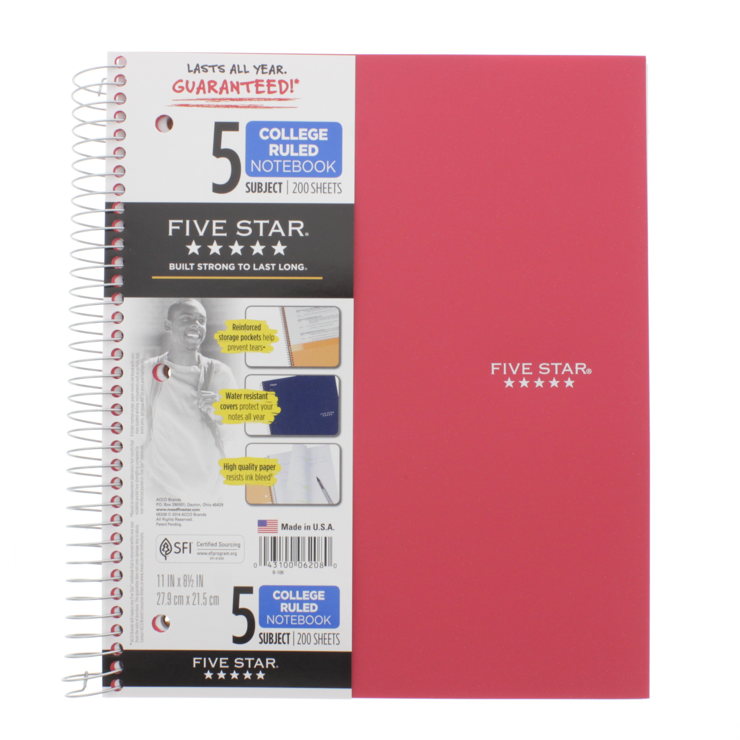 Mead Five Star Wirebound 5 Subject College Ruled Notebook, Red Shop