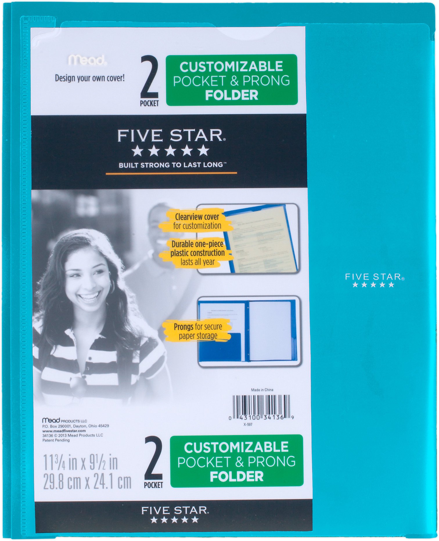Mead Five Star Customizable Pocket and Prong Plastic Folder, Teal