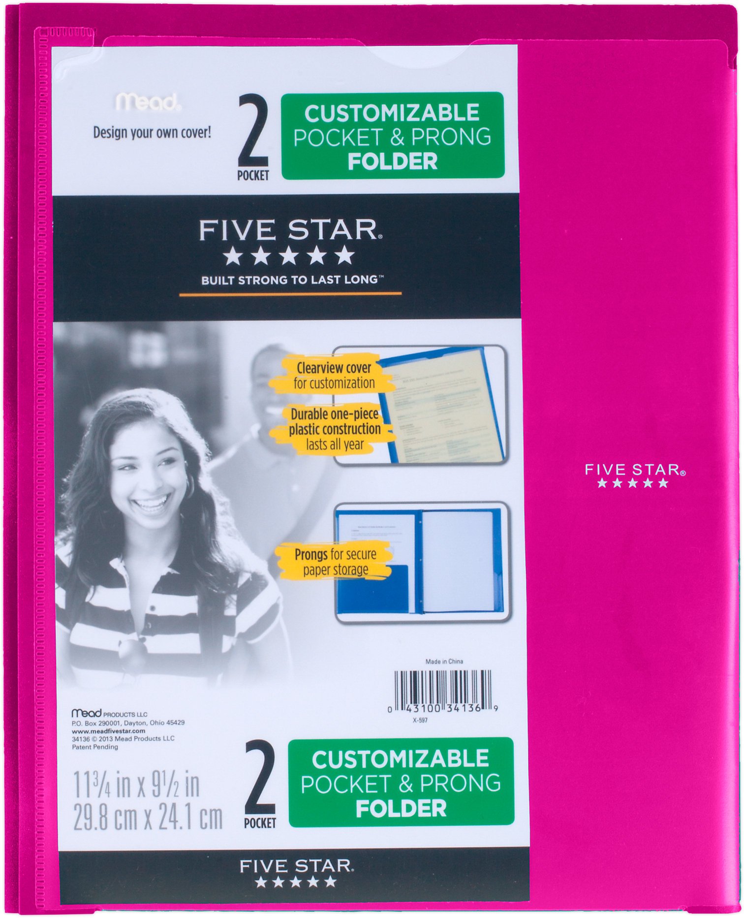Mead Five Star Customizable Pocket and Prong Plastic Folder, Berry