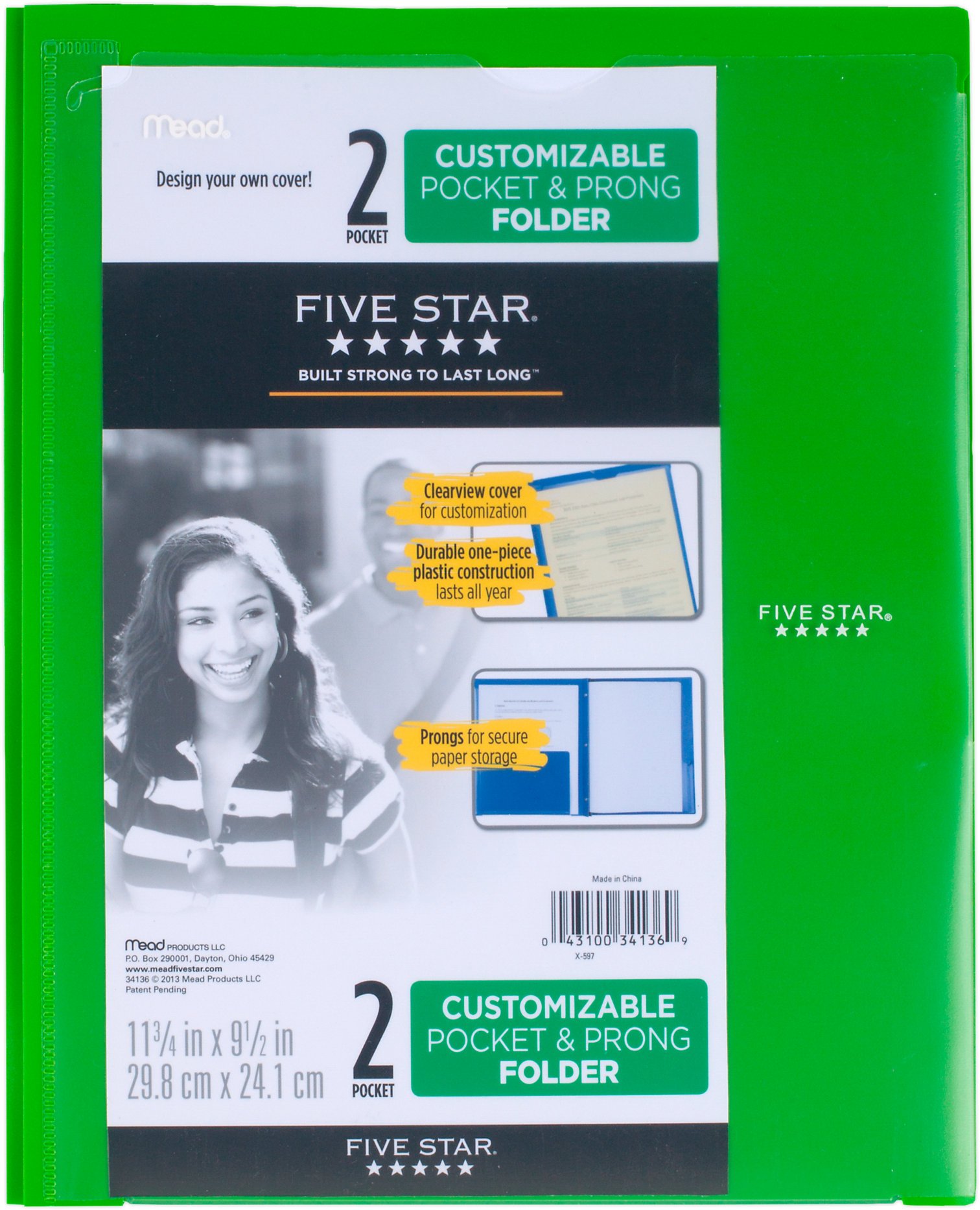 Mead Five Star Customizable Pocket and Prong Plastic Folder, Lime