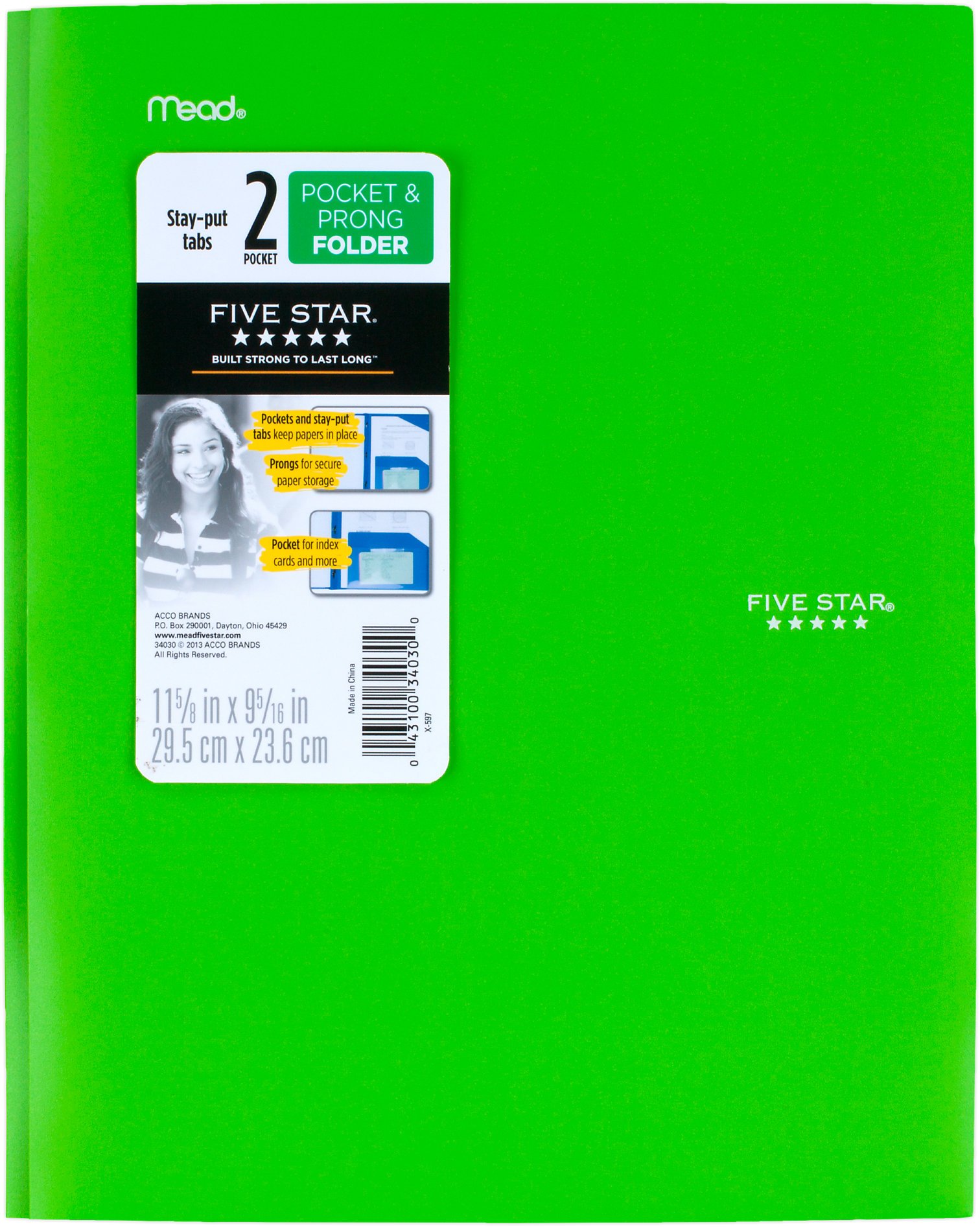 Mead Five Star StayPut Folder with Prongs, Lime Green Shop Folders