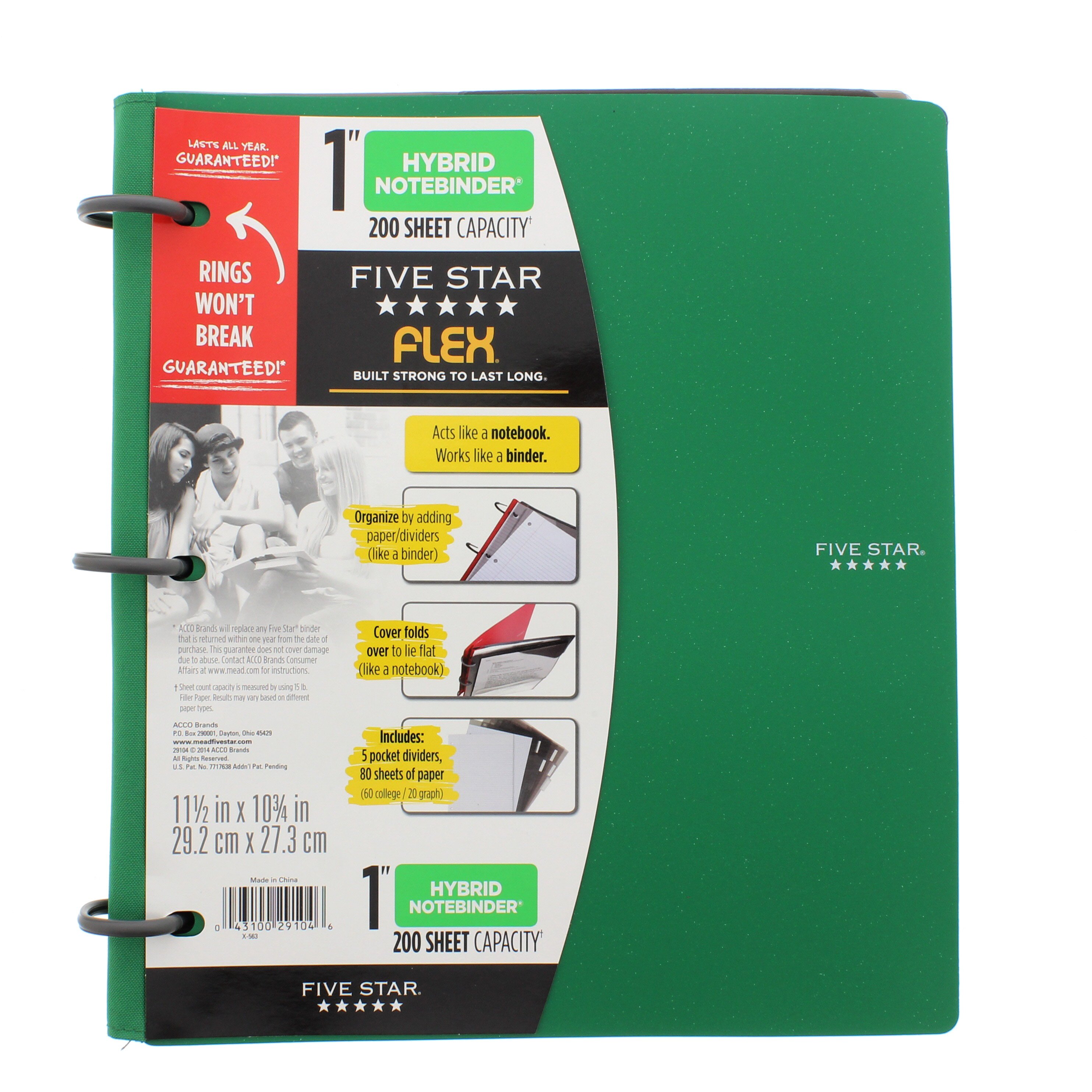Mead Five Star 1' Flex Hybrid NoteBinder, Green Shop School & Office