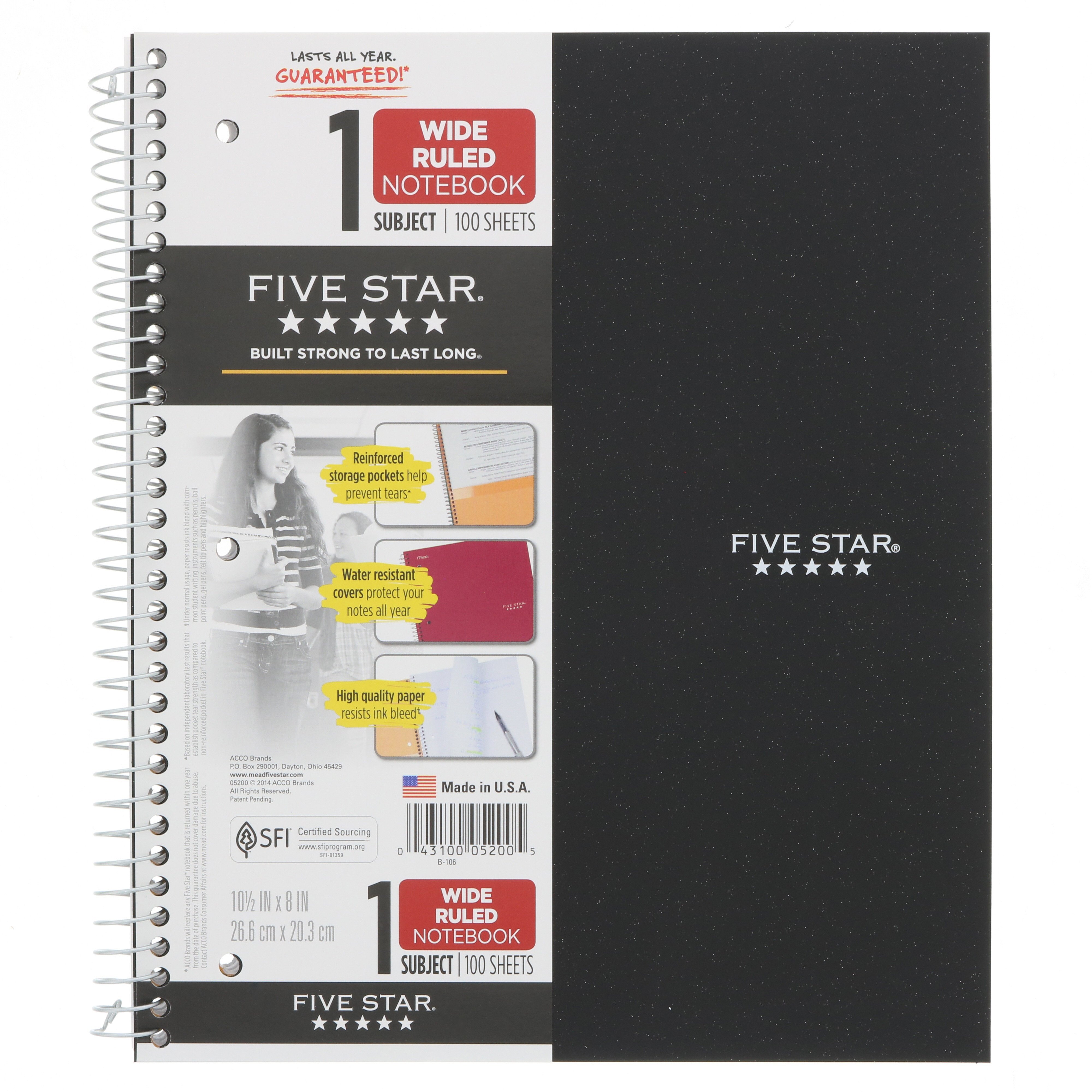 Mead Five Star 1 Subject Wirebound Wide Ruled Notebook, Black Shop