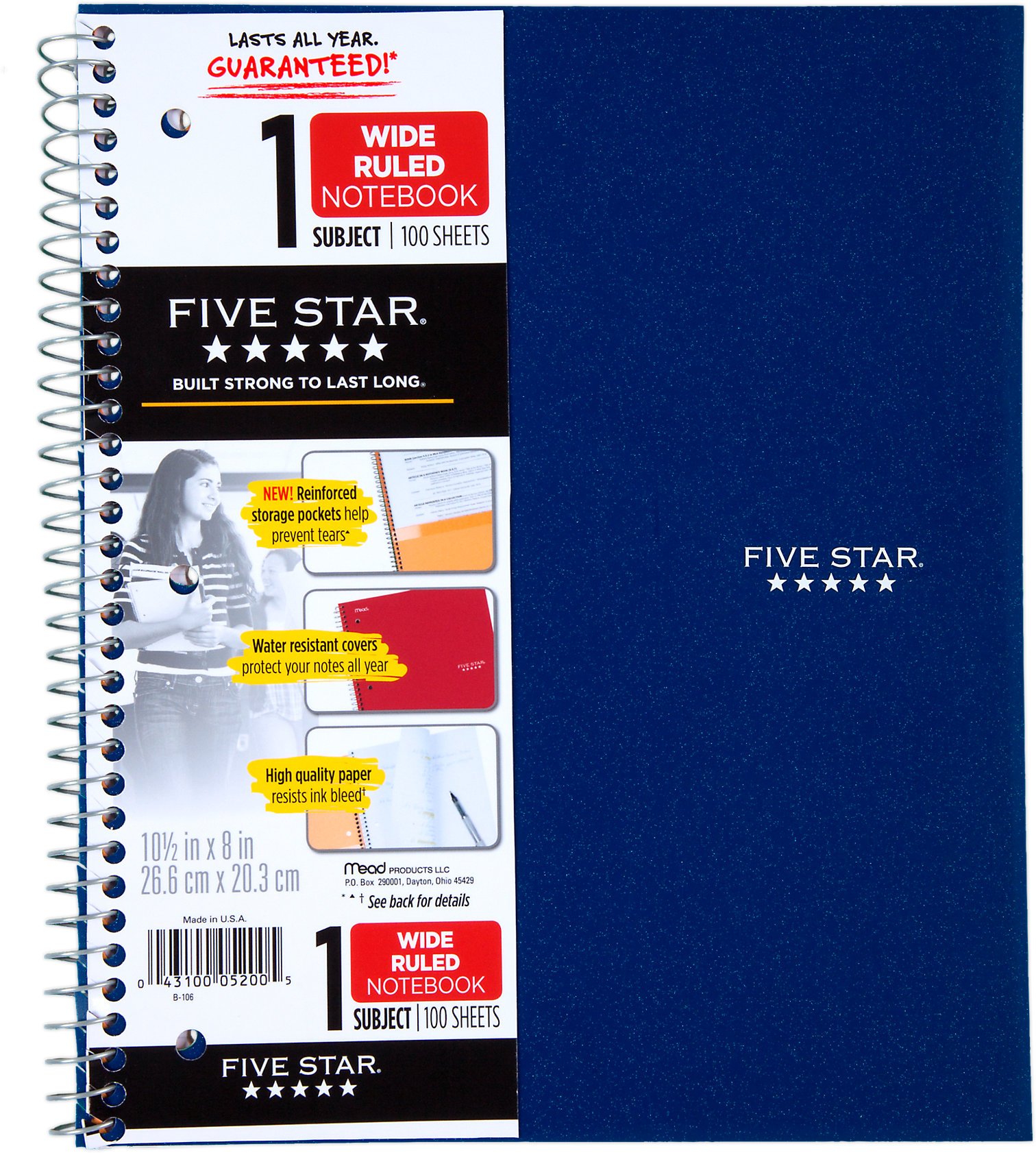 Mead Five Star 1 Subject Wirebound Wide Ruled Notebook, Navy Shop