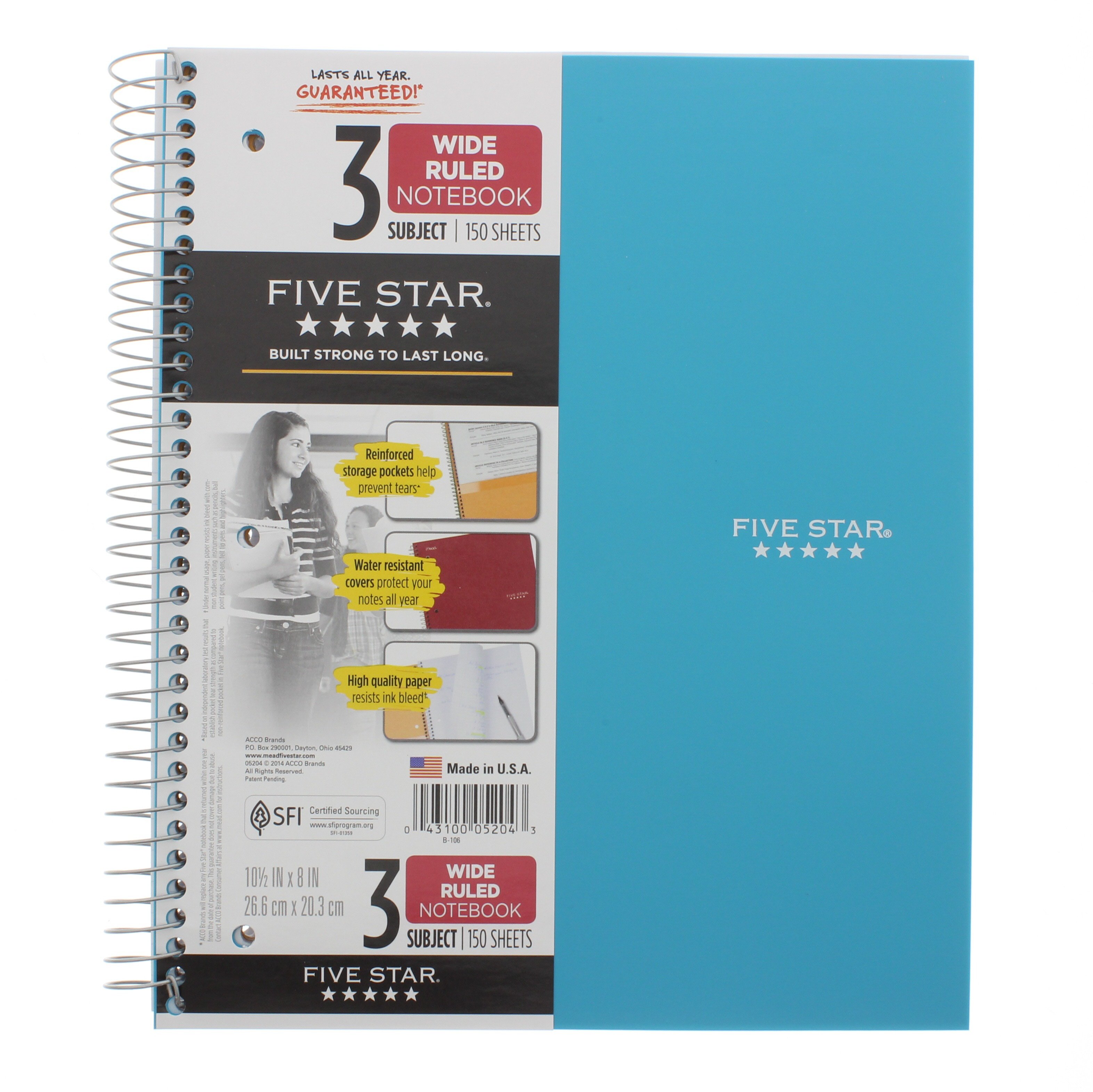 Mead Five Star 3 Subject Wirebound Wide Ruled Notebook, Teal Shop