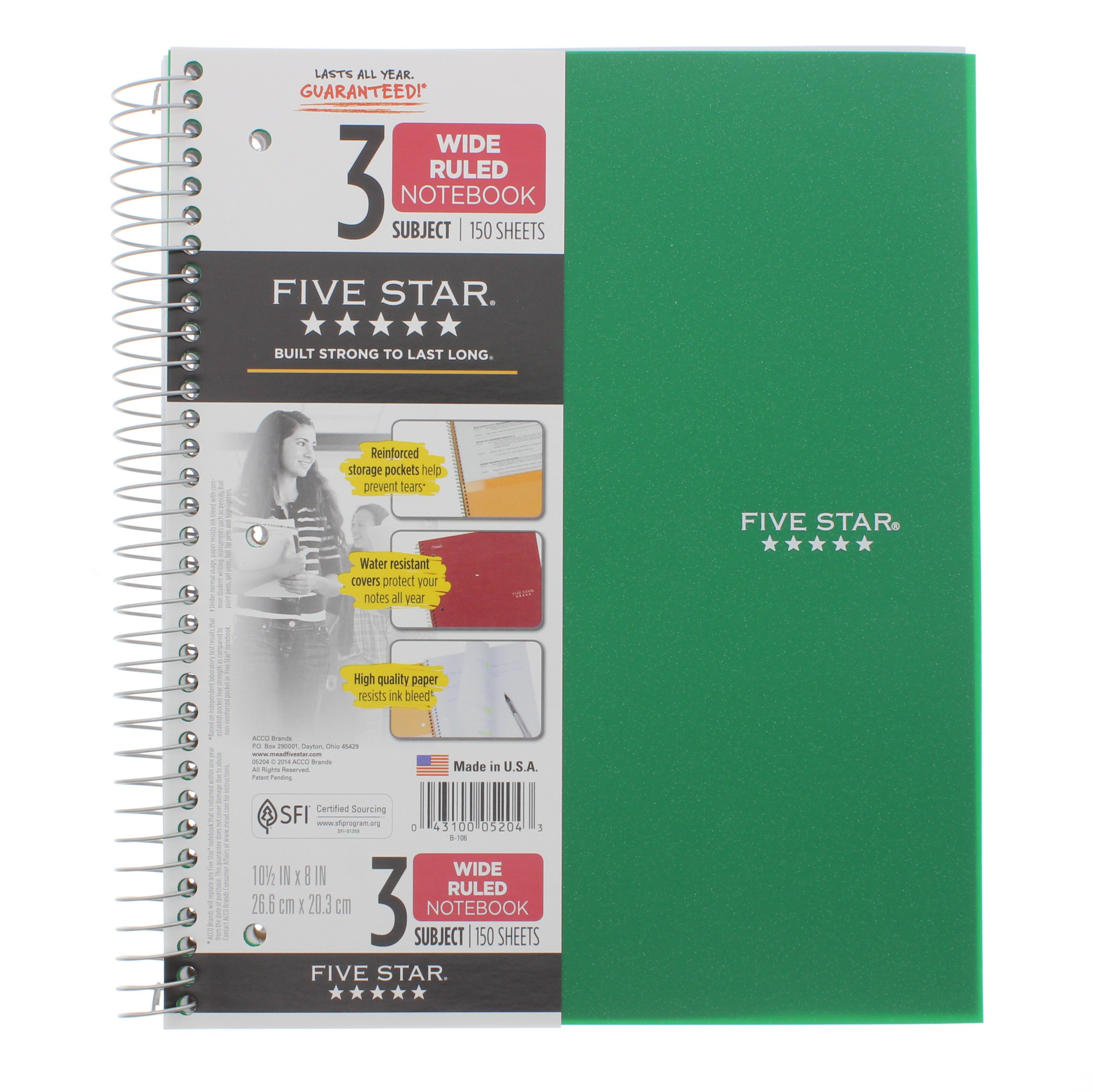 Mead Five Star 3 Subject Wirebound Wide Ruled Notebook, Green Shop