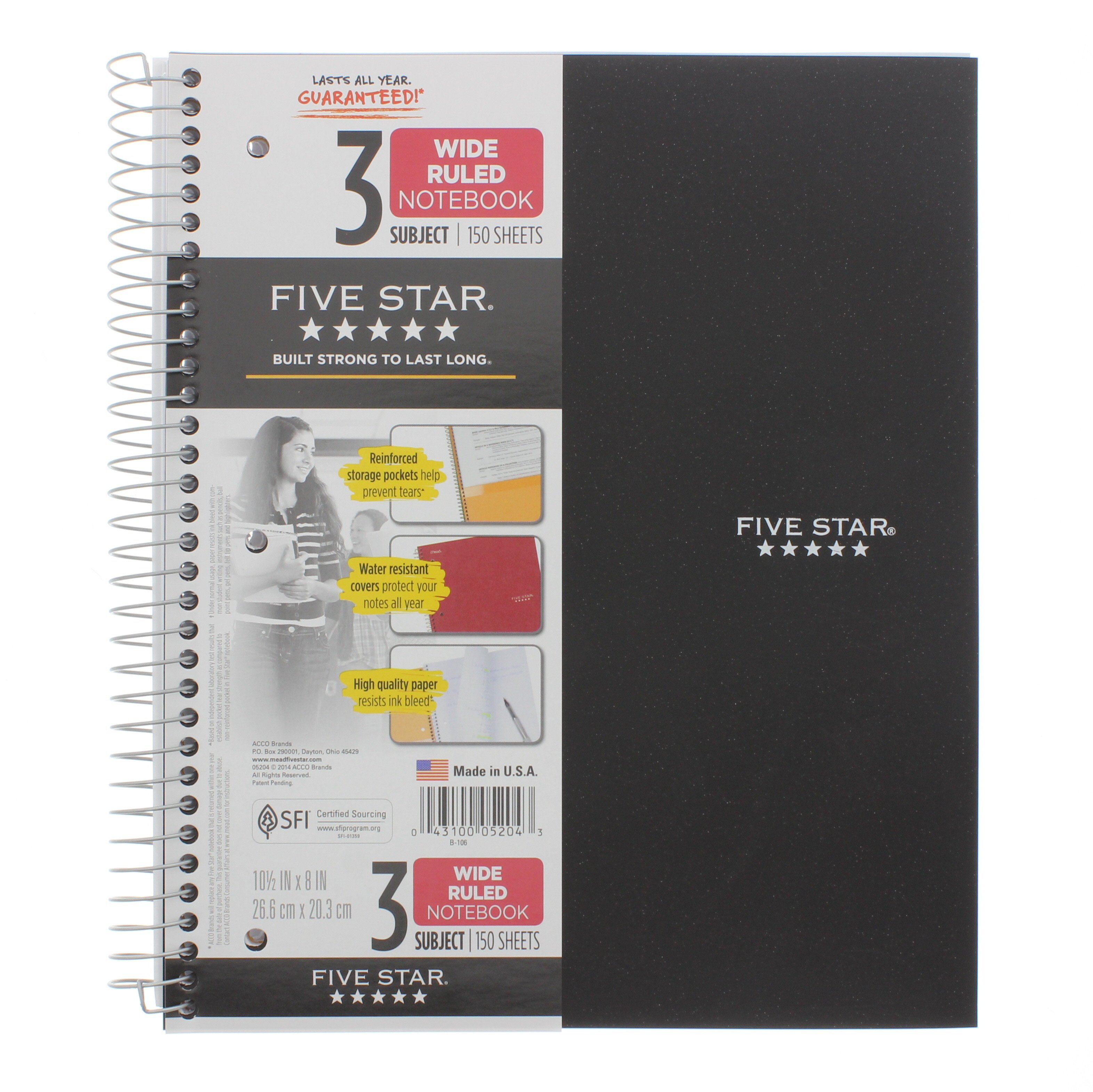 Mead Five Star 3 Subject Wirebound Wide Ruled Notebook, Black Shop