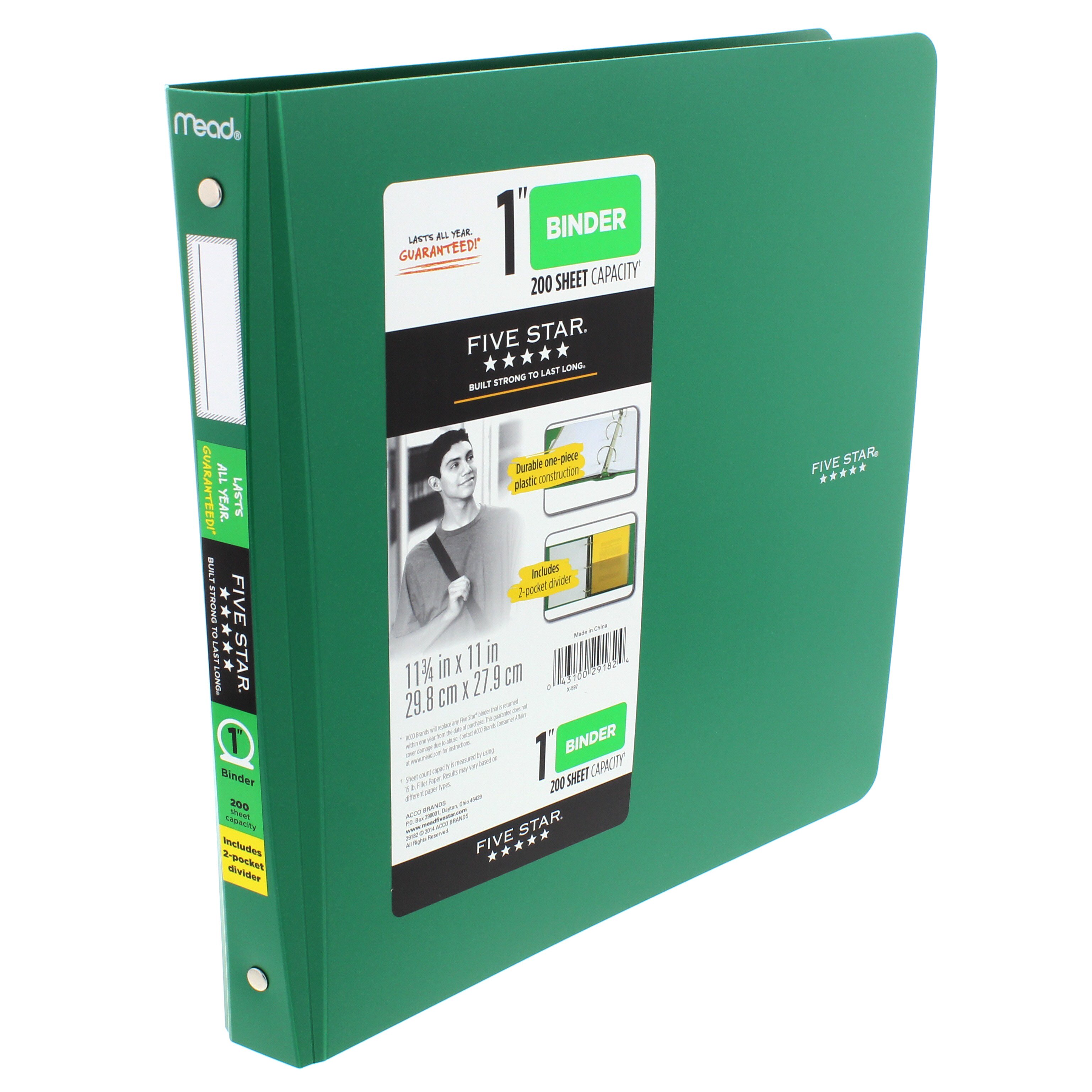 Mead Five Star 1" Plastic Binder, Green Shop Binders at HEB