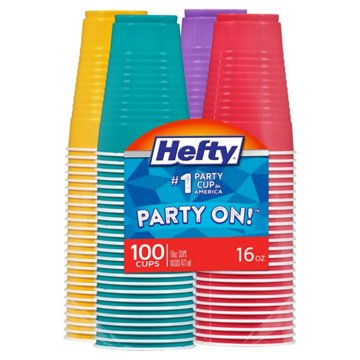 Hefty Party On! 16 oz Assorted Colors Disposable Plastic Cups, 100 ct