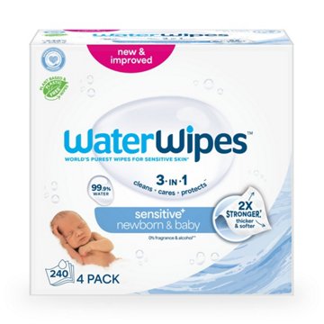WaterWipes Sensitive+ Newborn & Baby Wipes, 99.9% Water - Unscented, 4 pk, 240 ct