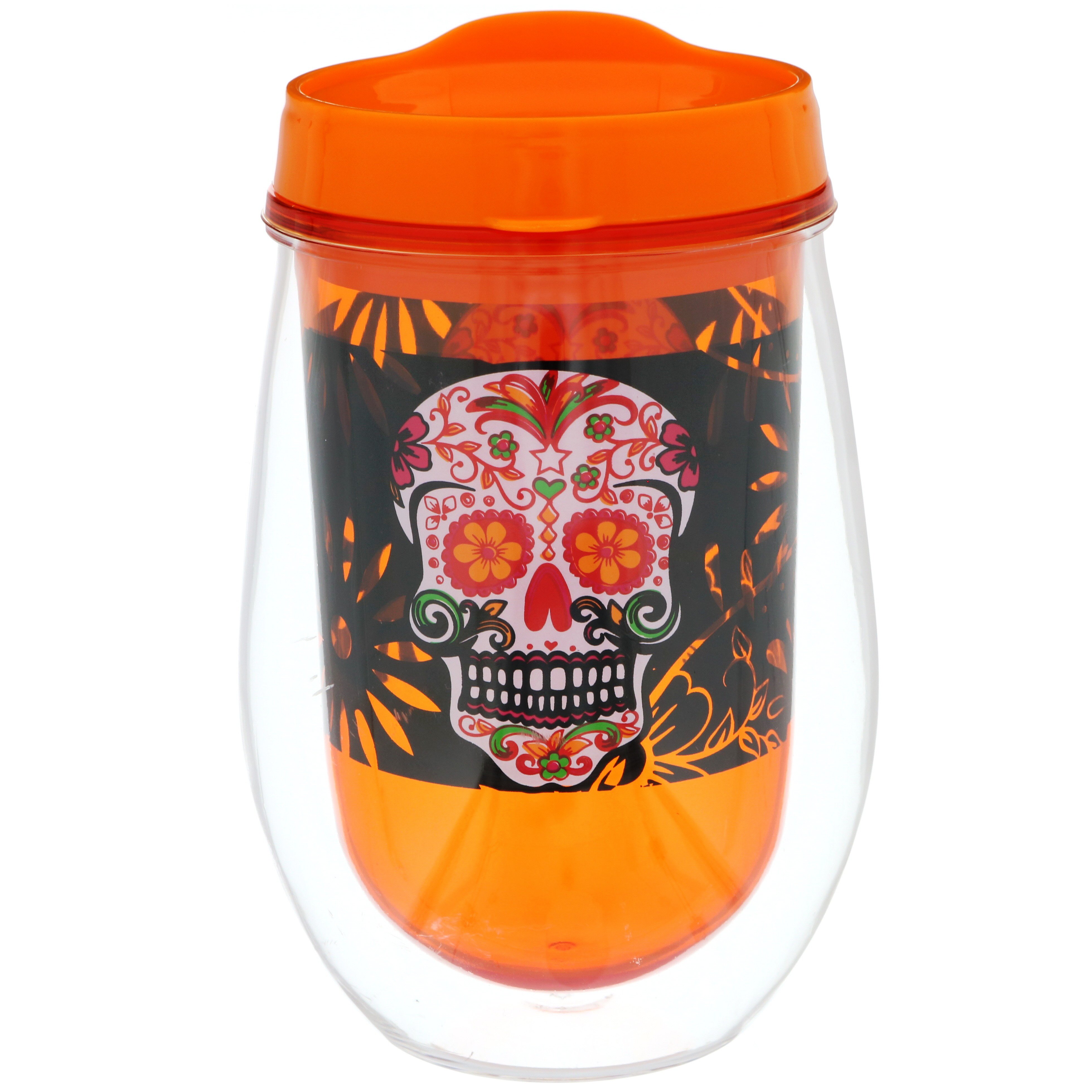 Cocinaware Day Of Dead Stemless Wine Glass with Lid, Orange Shop Cups