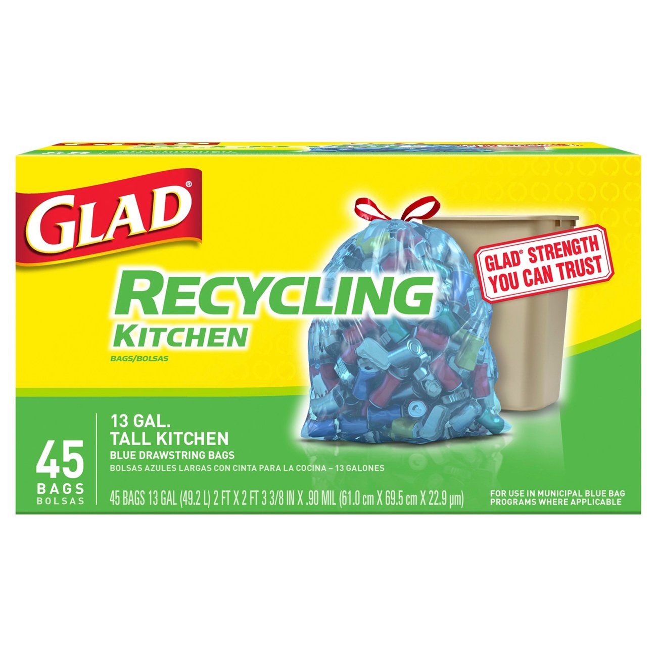 Glad Drawstring Recycling Translucent Blue Tall Kitchen 13 Gallon Trash