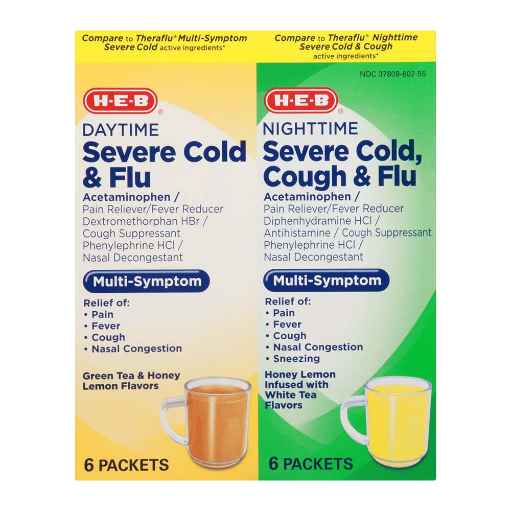 H-E-B Flu & Severe Cold Day And Night Powder Tea Honey Flavor - Shop ...