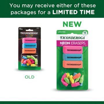 Ticonderoga Assorted Neon Erasers, 15 pc
