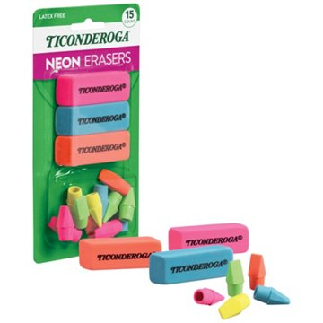Ticonderoga Assorted Neon Erasers, 15 pc