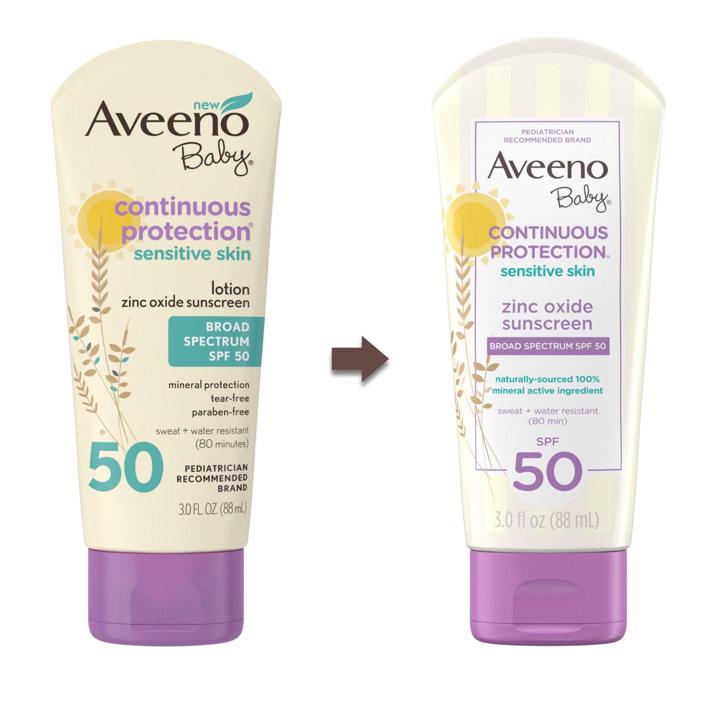 Aveeno Baby Continuous Protection Sensitive Skin Lotion Zinc Oxide Sunscreen With Broad Spectrum SPF 50; image 2 of 8