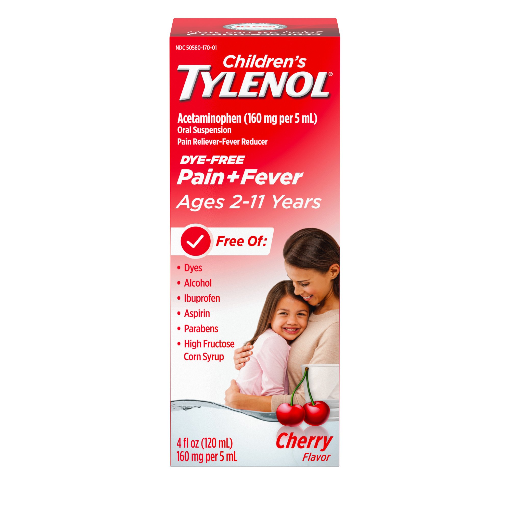 Children's Tylenol Pain + Fever Medicine, Dye-Free, Cherry, 4 fl. oz