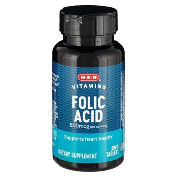 H-E-B Vitamins Folic Acid 800 mcg Tablets, 250 ct