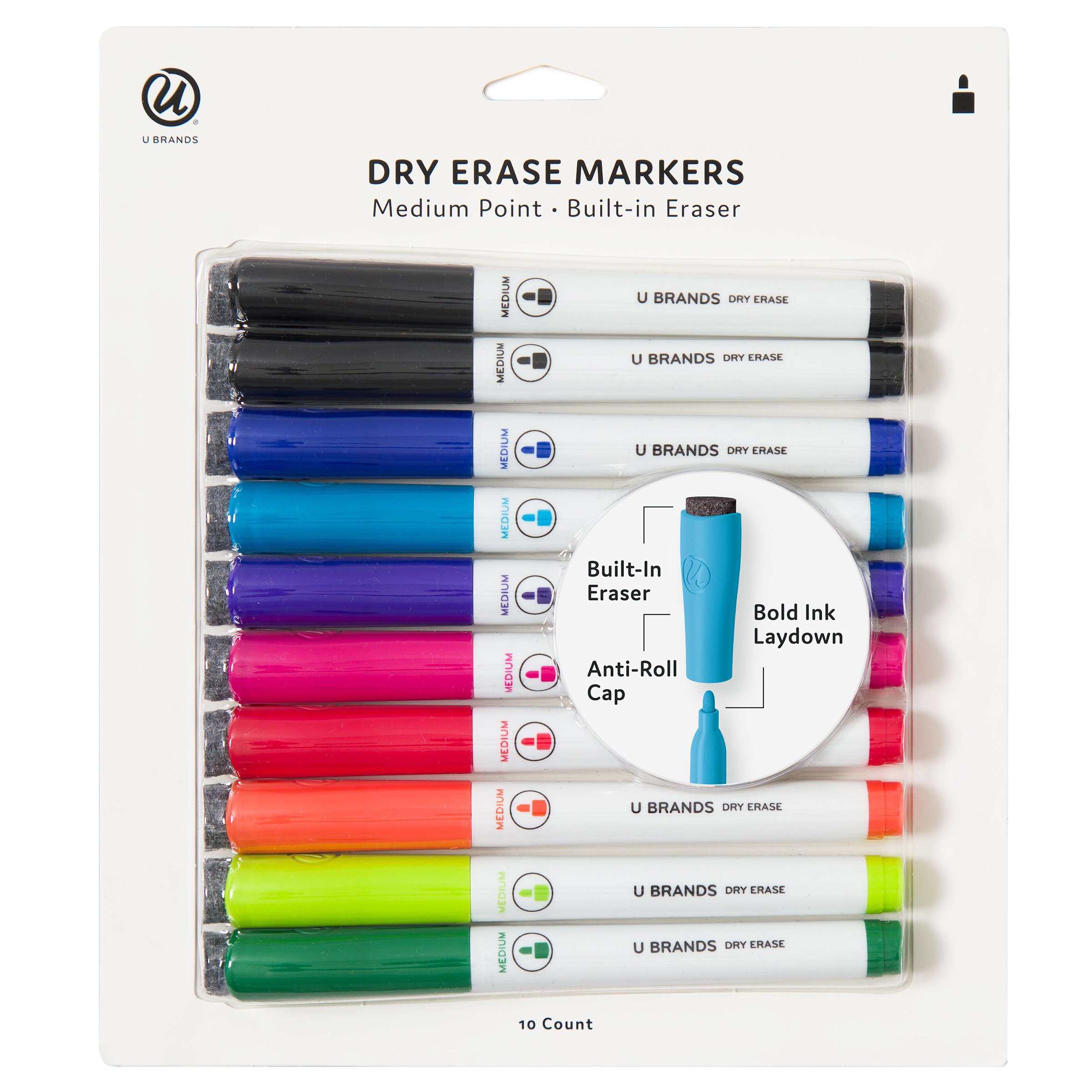 U Brands Low Odor Magnetic Double Ended Dry Erase Markers With Erasers,  Bullet Tip, Assorted Colors, 6-Count, 507U06-24 : : Office Products