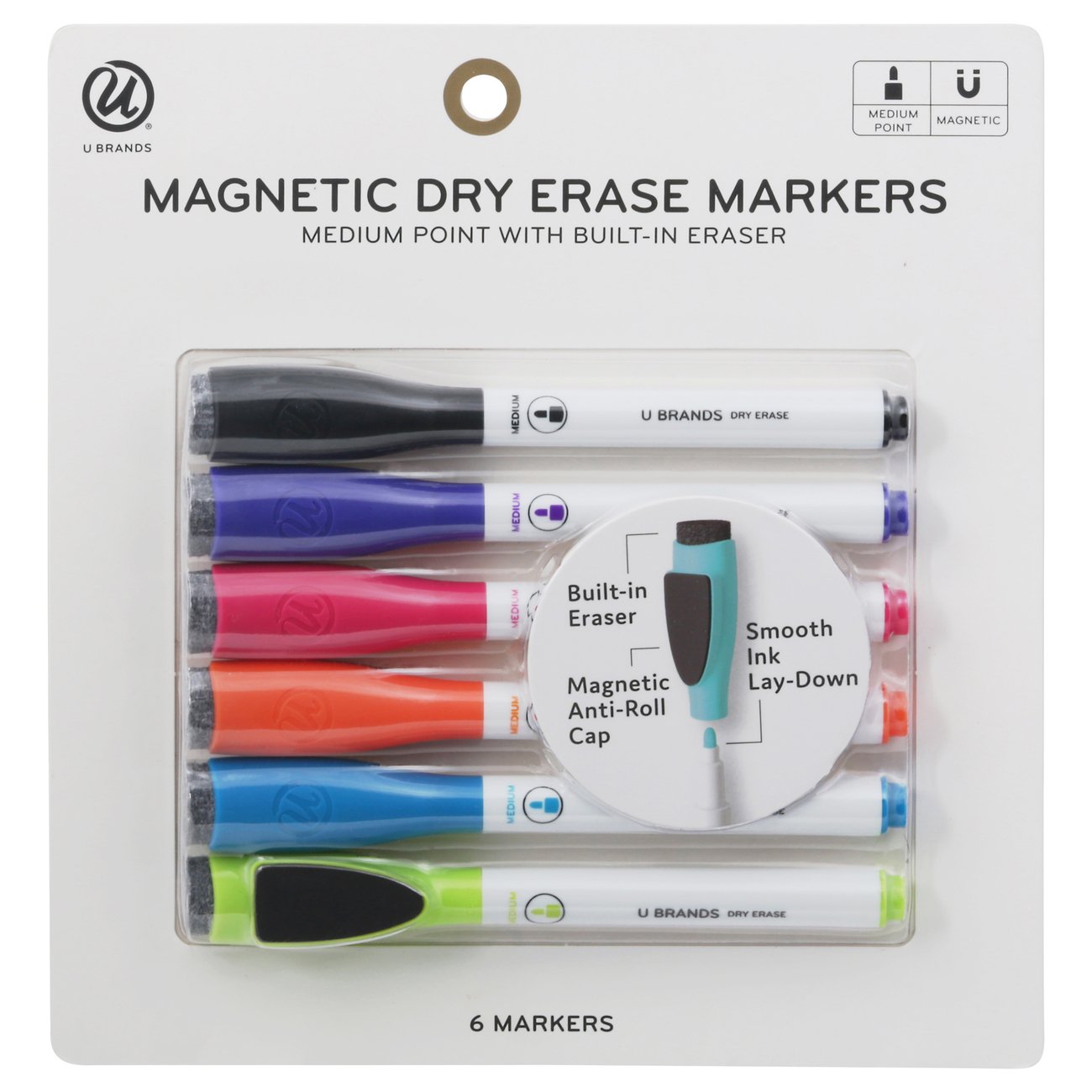 U Brands Medium Point Magnetic Dry Erase Markers with Built-In Erasers