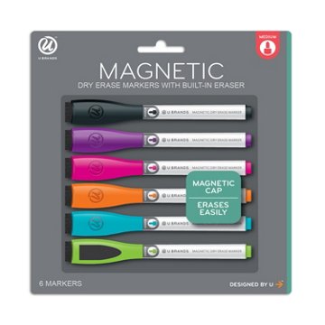 U Brands Medium Point Magnetic Dry Erase Markers with Built-In Erasers - Assorted Ink, 6 pk