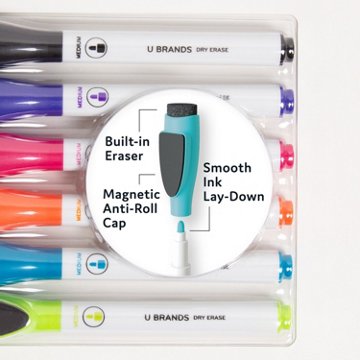 U Brands Medium Point Magnetic Dry Erase Markers with Built-In Erasers - Assorted Ink, 6 pk